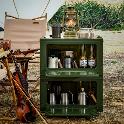Outdoor Folding Table ABS 5-Door Storage Compartments Wooden Lid Portable Camping Table for Party, Travel, Picnic & Backyard Use