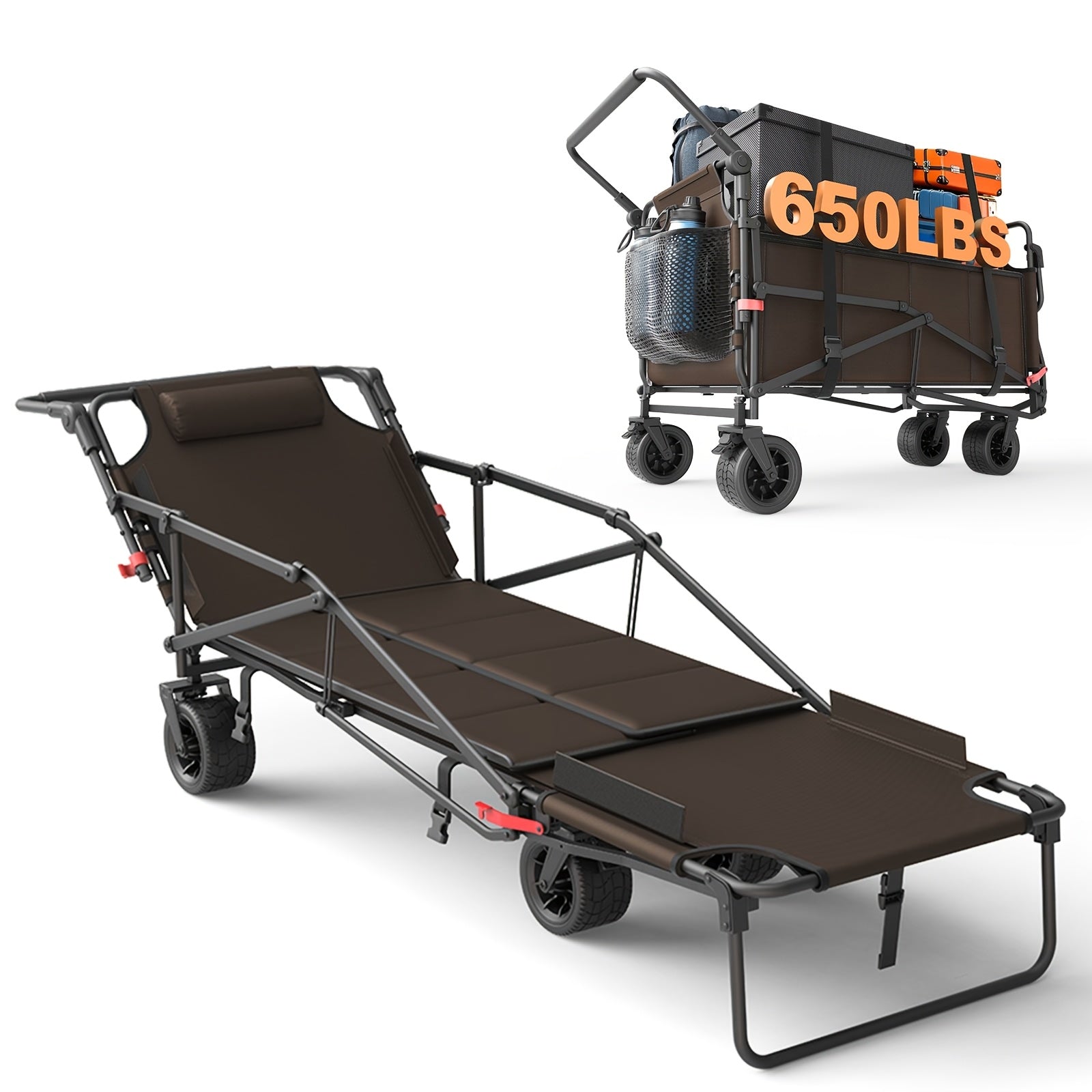Folding Wagon 2-in-1 Convertible Beach Chair 650LBS | All-Terrain Utility Cart Camping Beach Garden Shopping