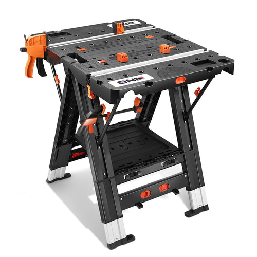 Portable Workbench 2-in-1 Folding Work Table & Sawhorse, 31"x25" Heavy-Duty Foldable Workbench with Clamps, Connecting Blocks & Tool Tray for Woodworking