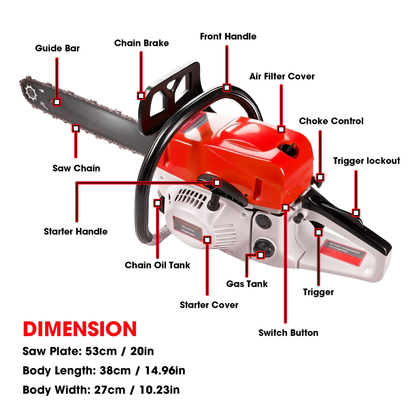 62CC Gas Chainsaw 20 Inch – 2-Stroke Engine, Anti-Vibration, Logging & Farm