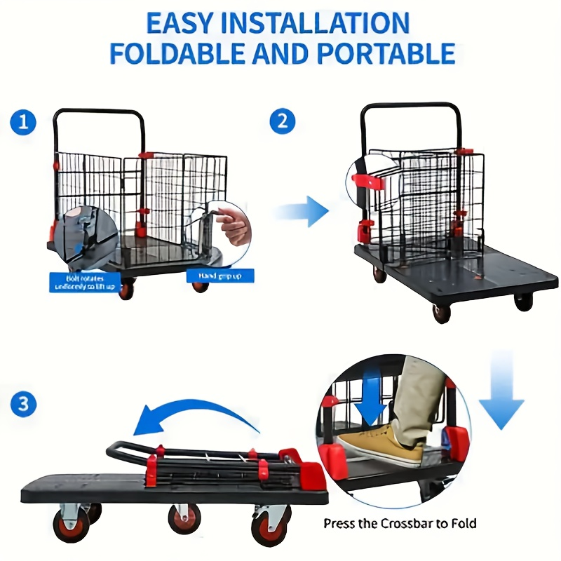 Folding Platform Cart with Removable Cage & Silent Wheels, 400-900 lbs Capacity, Anti-Skid Deck, Telescopic Handle for Moving, Warehouse and Storage