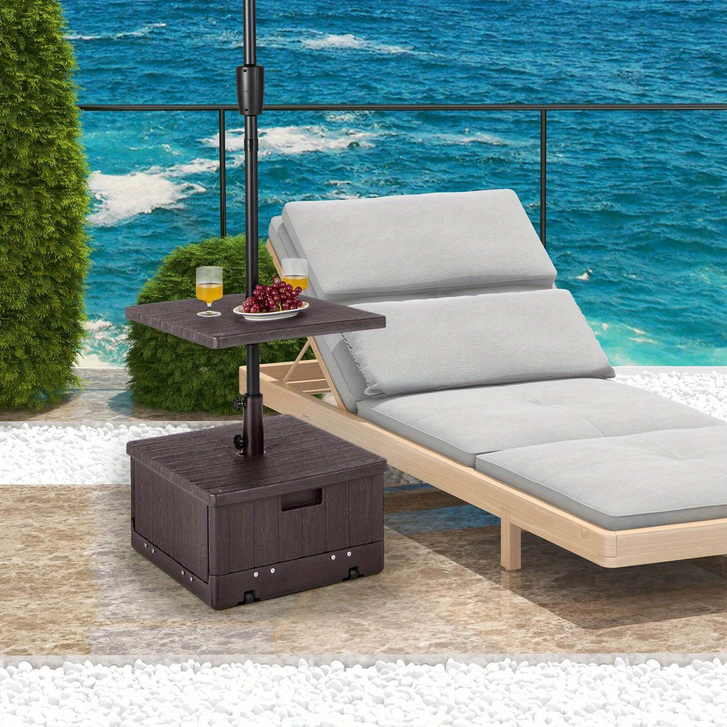 Patio Umbrella Base 3-in-1 Fillable 175 lbs with Table Tray & Planter Box Wheeled Stand Fits 1.5"/1.9" Poles 6-10 ft Market Offset Umbrellas HDPE Brown