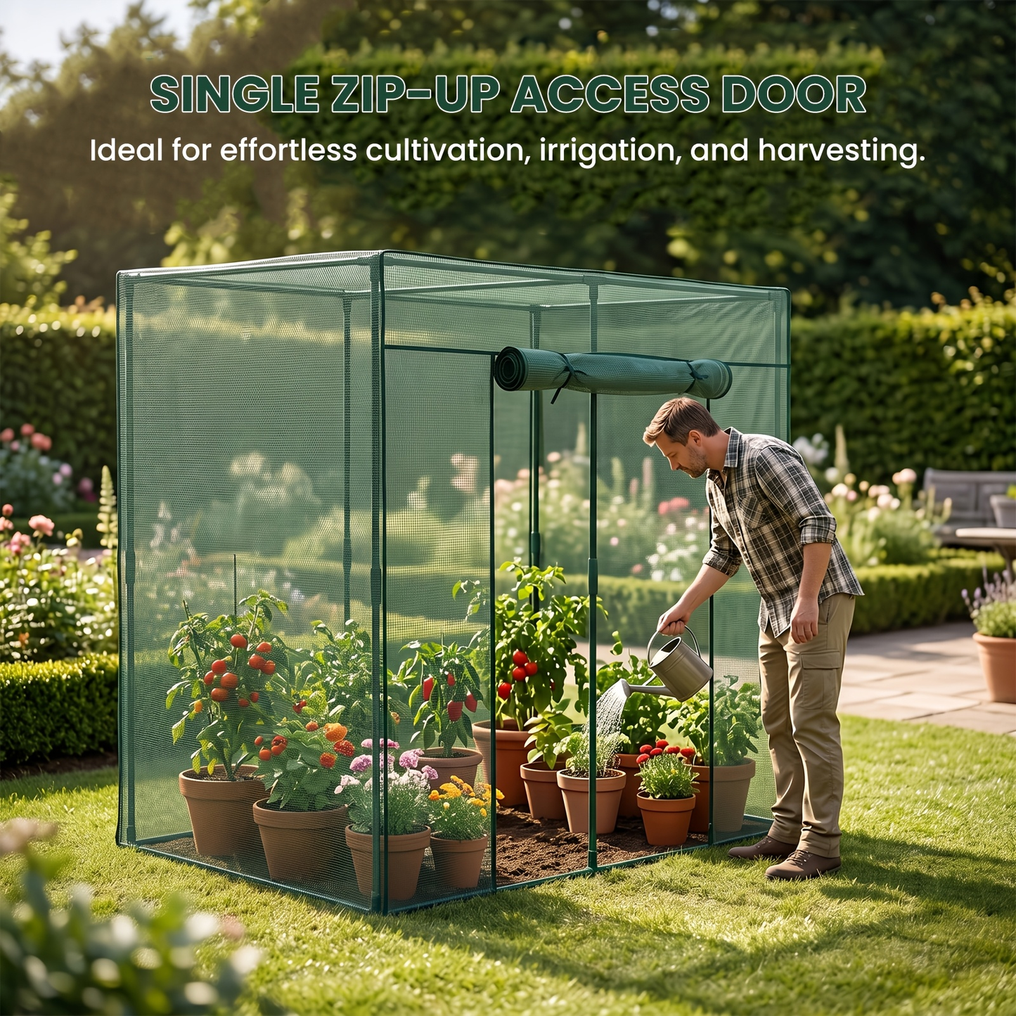 Plant Protection Tent Crop Cage with Zippered Door & Square Frame, Raised Garden Bed Cover Wind-Resistant for Outdoor Vegetables, Flowers & Herbs, Multiple Sizes