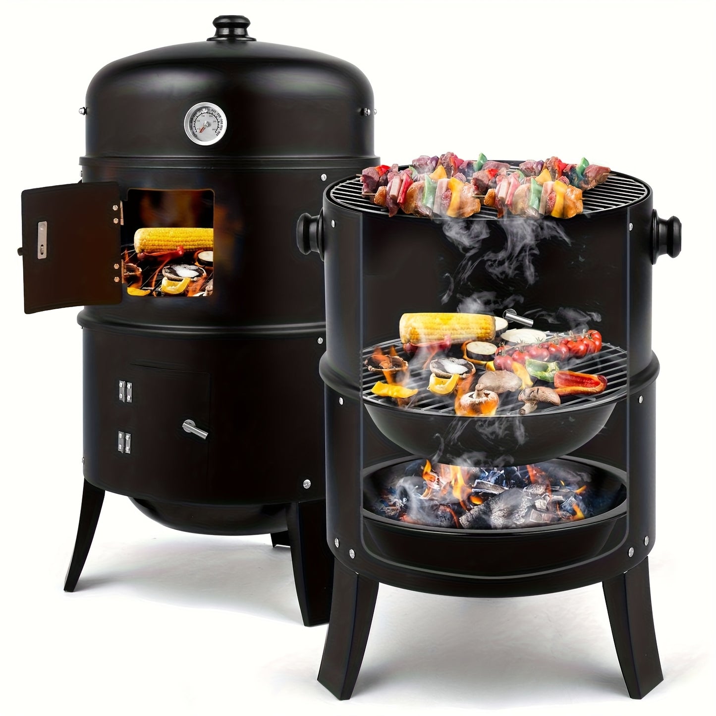 Charcoal Smoker Grill 3-in-1 Portable Outdoor BBQ with Built-in Thermometer, Adjustable Height & Spacious Cooking Grate for Camping Backyard Tailgate, Black