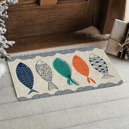 Washable Fish Pattern Door Mat Flannel Non-Slip Rug for Front Door Bedroom Farmhouse Laundry Room