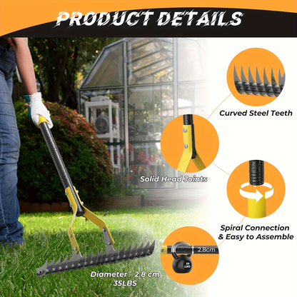 Thatch Rake Heavy Duty Dual-Action - 15-Inch Manual Dethatcher & Lawn Scarifier with Sharp Metal Blades for Dead Grass Removal, Soil Loosening & Lawn Aeration - Available in 55 & 70 Inch Handle