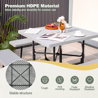 Outdoor Picnic Table 8-Person, Square HDPE Table with 4 Built-in Benches, Umbrella Hole, Metal Frame, Backyard Patio Garden Bench Set Grey/Green
