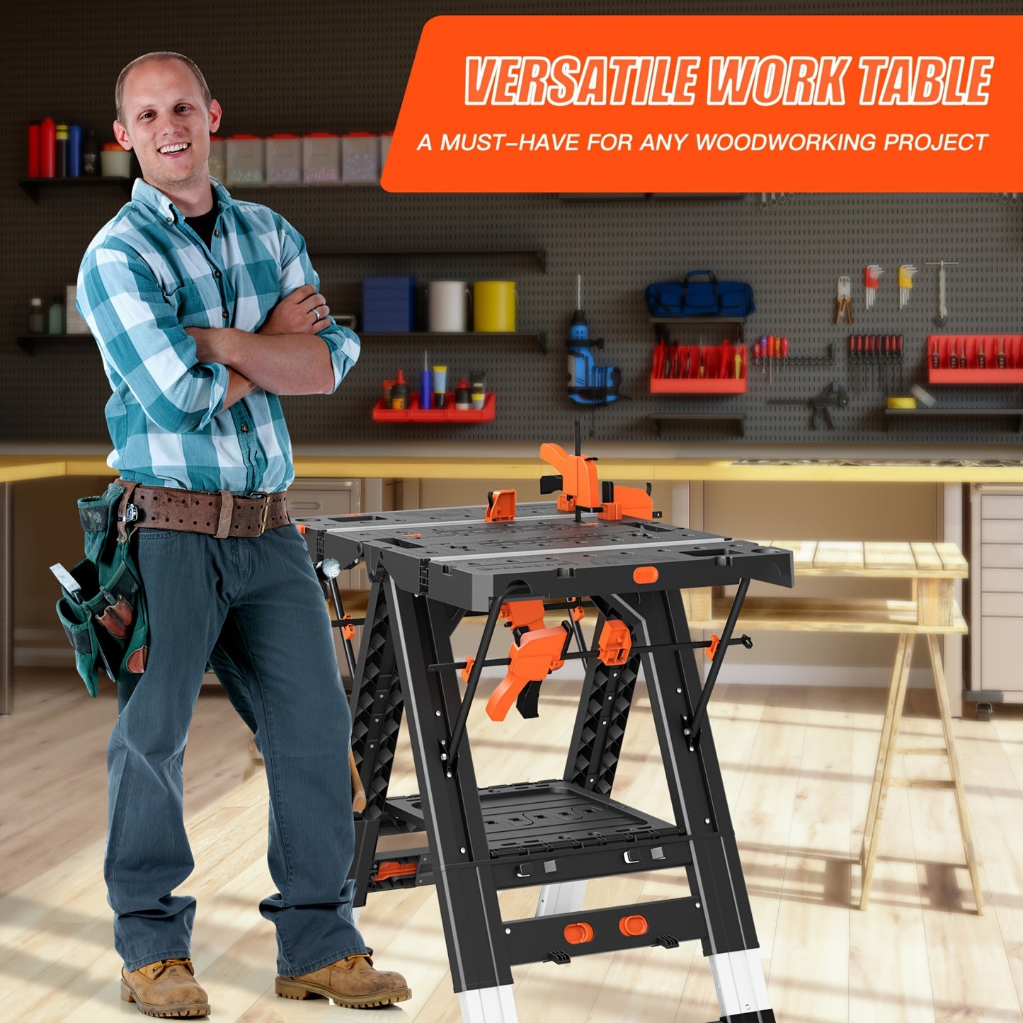 Folding Workbench Sawhorse 2-in-1 Waterproof Height Adjustable Aluminum Legs 150LBS Clamp Force with 4 Woodworking Clamps for DIY Garage Workshop Portable