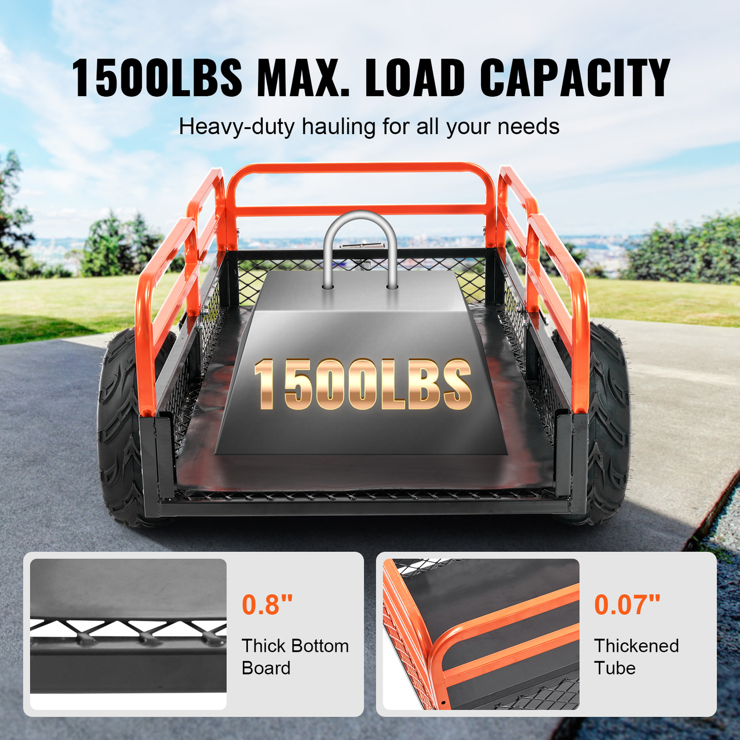 Tow Behind Dump Cart ATV Trailer 750-1500 lbs, Heavy Duty Steel Garden Dump Trailer 12-15 Cu Ft with Removable Sides & Pneumatic Tires for Mowers, Tractors, UTV