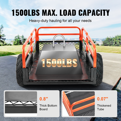 Tow Behind Dump Cart ATV Trailer 750-1500 lbs, Heavy Duty Steel Garden Dump Trailer 12-15 Cu Ft with Removable Sides & Pneumatic Tires for Mowers, Tractors, UTV