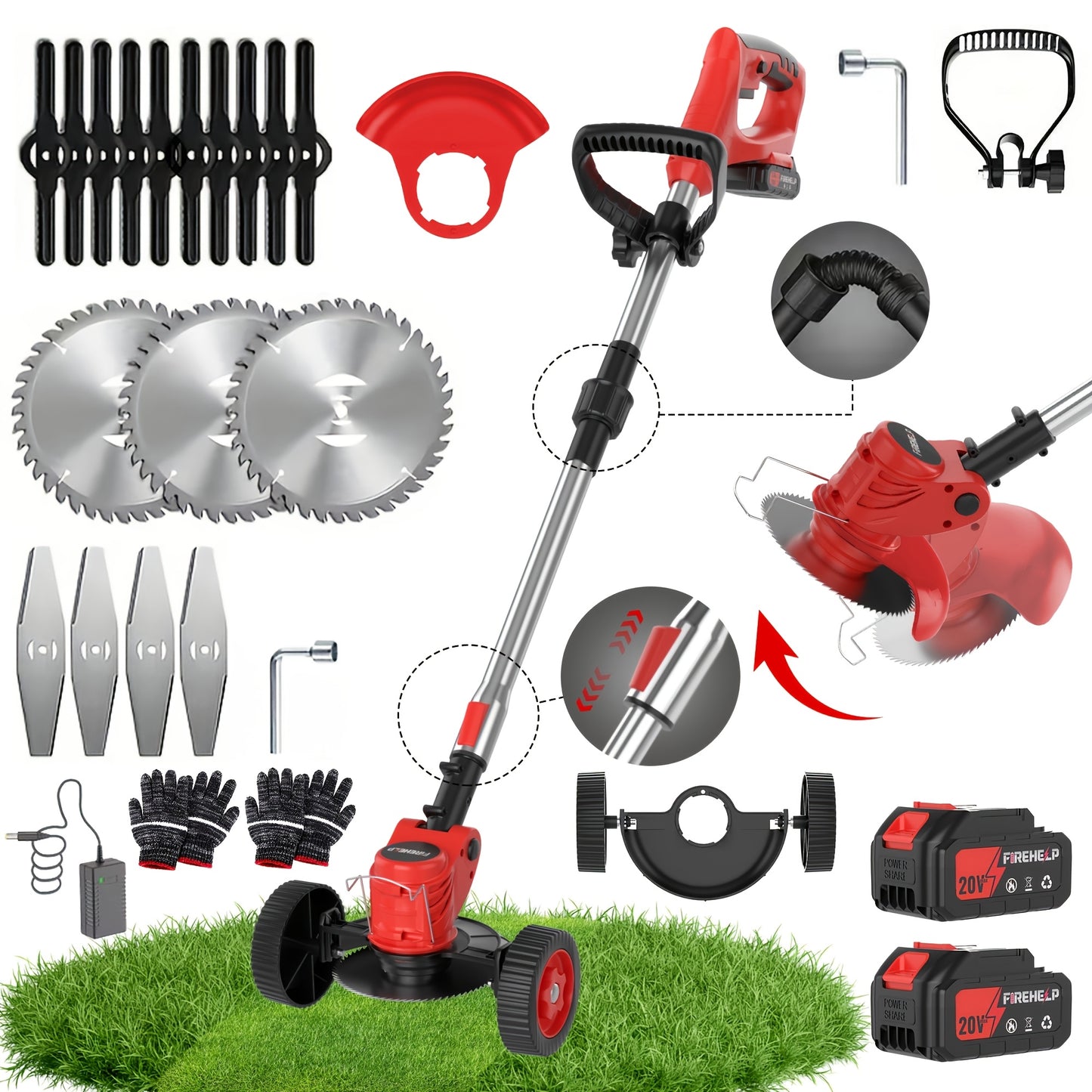 Cordless Lawn Mower 3-in-1 Electric Trimmer Weed Eater Edger Bush Cutter 21V Dual Battery Adjustable Height Swivel Head Lightweight for Small Yards Patios Gardens