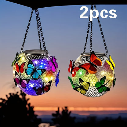 Solar Butterfly Lantern Hanging Garden Light 2-Pack Metal Iron