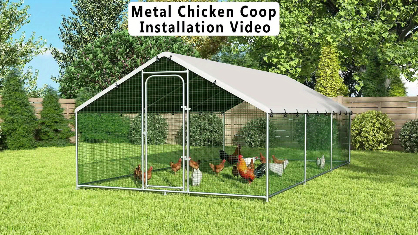 Dog Kennel Outdoor Large Metal Walk-in Chicken Run Pen Poultry Cage with Anti-UV Cover Movable Rack or Dolly 2 Sizes for Farm Backyard Chickens Dogs Rabbits