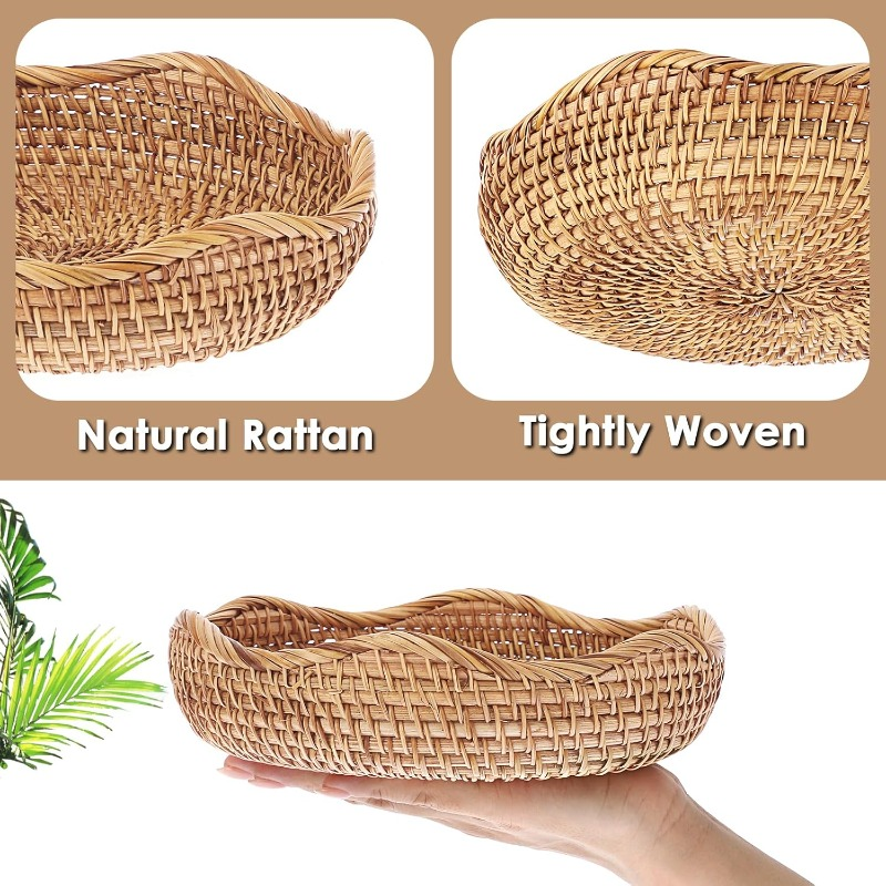 Rattan Tray Bowl - 8.5 Inch Hand Woven Natural Wicker Basket Tray for Fruit, Bread, Keys, Tabletop Decor, Kitchen, Entryway & Living Room