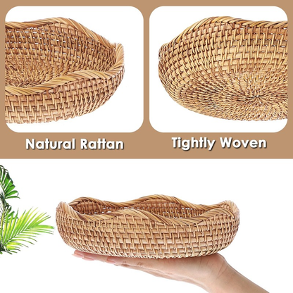 Rattan Tray Bowl - 8.5 Inch Hand Woven Natural Wicker Basket Tray for Fruit, Bread, Keys, Tabletop Decor, Kitchen, Entryway & Living Room