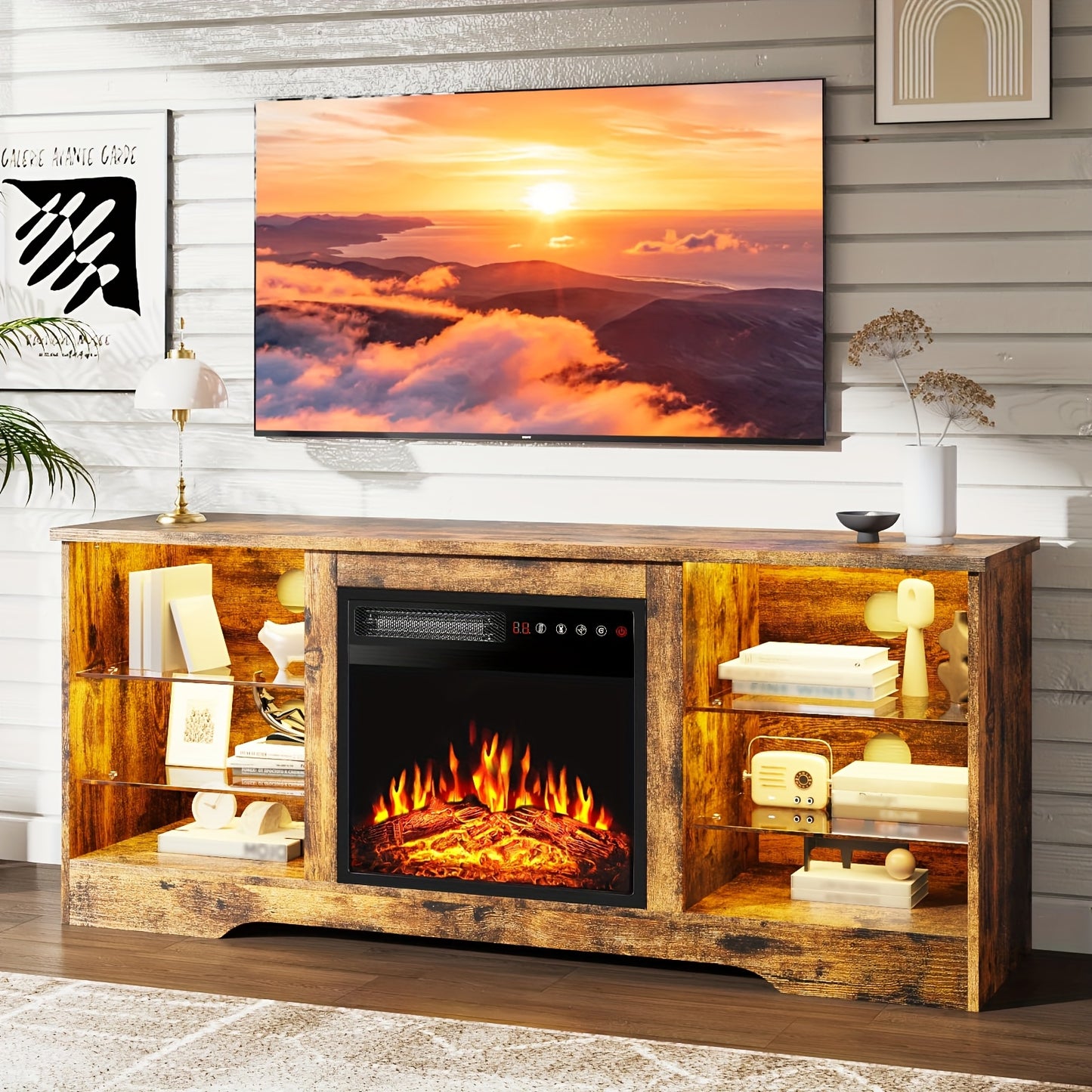 Electric Fireplace TV Stand 58 Inch Entertainment Center with 18" Fireplace Heater 16-Color LED Glass Shelves Storage Cabinets for TVs up to 65"