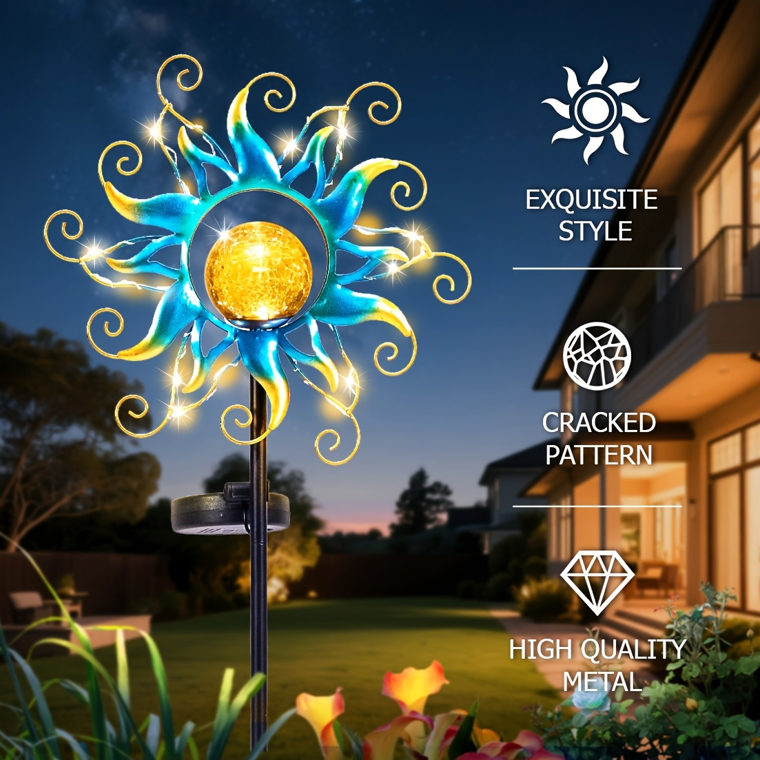 Solar Garden Light Outdoor Sun Shaped LED Stake Lamp IPX4 Waterproof for Patio Pathway Walkway Yard Lawn Decor Housewarming Gift