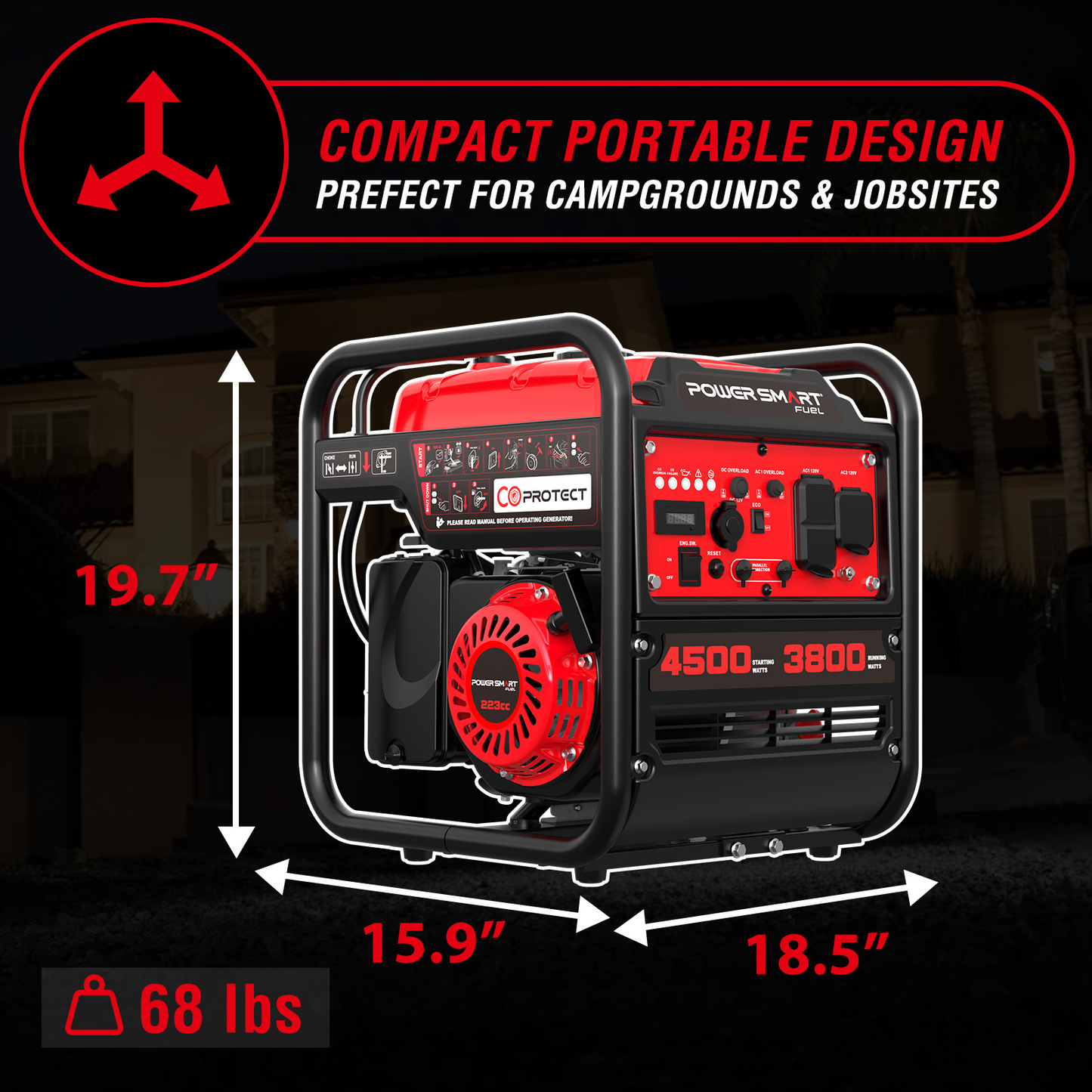 Portable Gas Generator 4500W 4-Stroke | CO Alarm, Quiet & Lightweight, 12V & USB Ports, AC Outlets for RV, Camping, Home Backup, Power Tools, Phone Charging