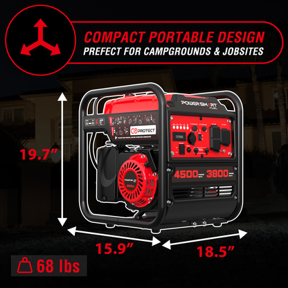 Portable Gas Generator 4500W 4-Stroke | CO Alarm, Quiet & Lightweight, 12V & USB Ports, AC Outlets for RV, Camping, Home Backup, Power Tools, Phone Charging