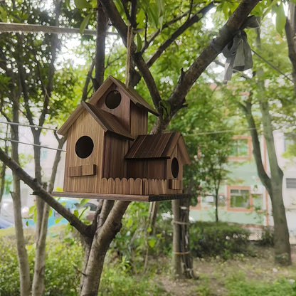 Bird House | 3-Room Natural Wood Hanging Chain Garden Patio Bluebird
