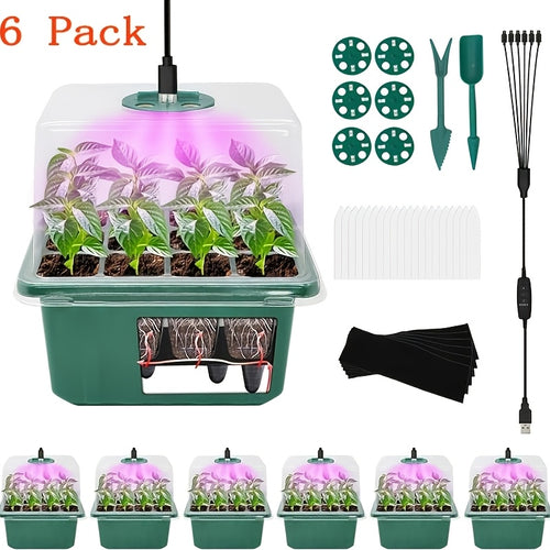 Seed Starter Kit 6-Pack with Grow Light Timing Controller | Adjustable Brightness Thickened Humidity Dome Heightened Lid | Seedling Tray Germination Set