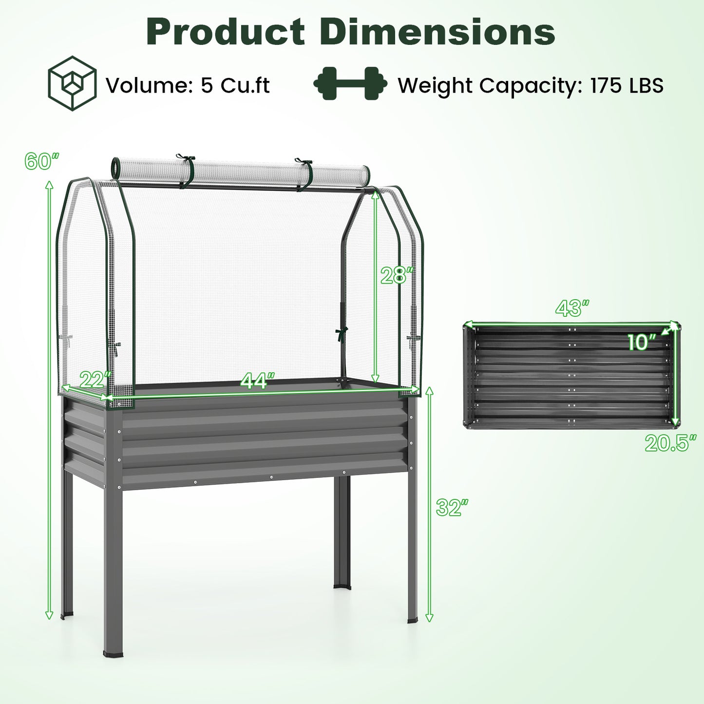 Elevated Raised Garden Bed with Greenhouse Cover 3-in-1, 44"x22"x60" Electroplated Metal Planter Box with Legs, Roll-Up Zippered Door for Vegetables, Flowers & Herbs, Gray