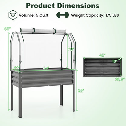 Elevated Raised Garden Bed with Greenhouse Cover 3-in-1, 44"x22"x60" Electroplated Metal Planter Box with Legs, Roll-Up Zippered Door for Vegetables, Flowers & Herbs, Gray