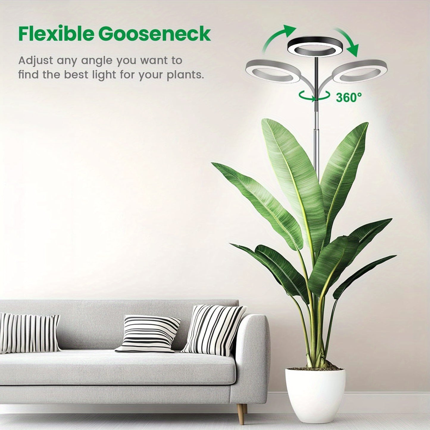 Plant Light Full Spectrum Gooseneck 360° | 3 Color Modes 10 Dimming Levels 3/6/12H Timer 65'' Telescopic Pole | Indoor Grow Lamp Large Plants Black White