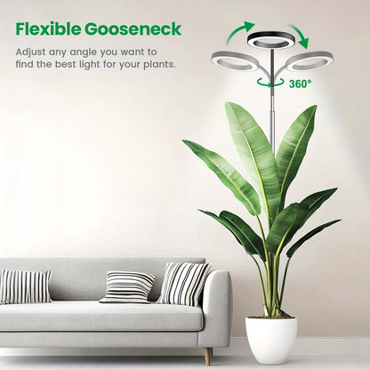 Plant Light Full Spectrum Gooseneck 360° | 3 Color Modes 10 Dimming Levels 3/6/12H Timer 65'' Telescopic Pole | Indoor Grow Lamp Large Plants Black White
