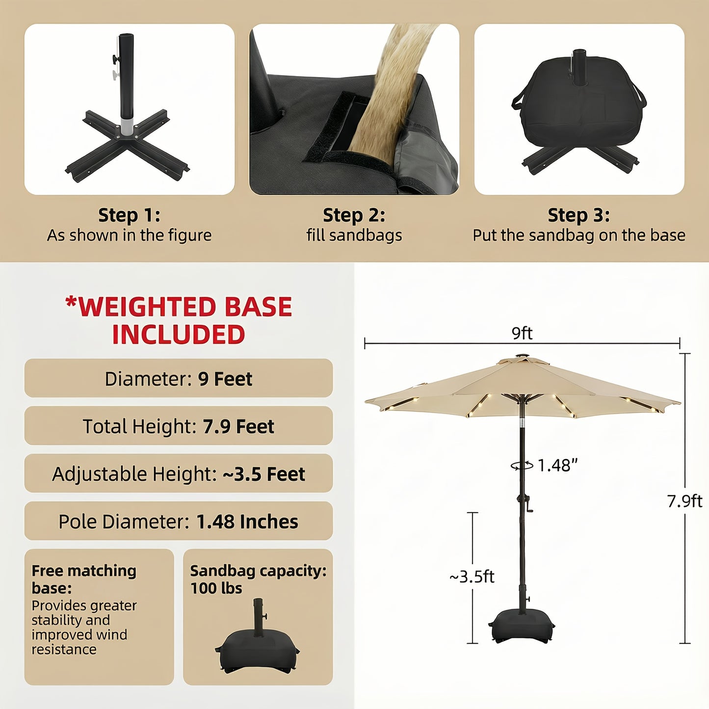 Patio Umbrella 9ft Solar LED Lighted with Base, 32 LED Market Umbrella with Ventilation, Push Button Tilt & Crank, Outdoor Table Umbrella for Garden, Deck, Backyard & Pool