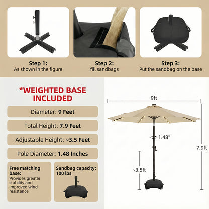Patio Umbrella 9ft Solar LED Lighted with Base, 32 LED Market Umbrella with Ventilation, Push Button Tilt & Crank, Outdoor Table Umbrella for Garden, Deck, Backyard & Pool