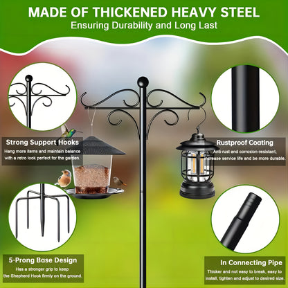 Shepherd Hook Bird Feeder Pole 78-inch, Adjustable 5-Prong Base, Heavy Duty Garden Hook for Hanging Bird Feeders, Plant Baskets, Lanterns & Outdoor Decor