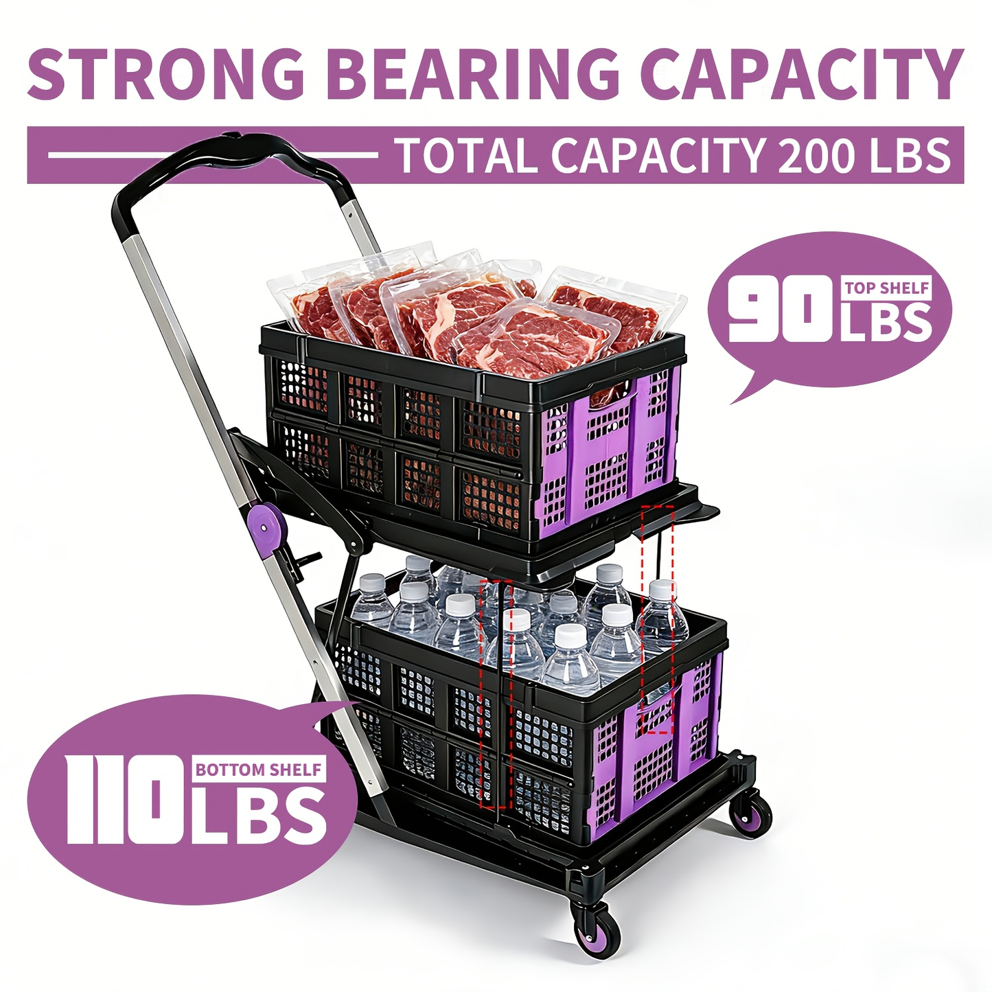 Two Tier Cart with 2 Storage Crates 360° Swivel Wheels, Heavy Duty Collapsible Shopping Trolley Folding Utility Cart for Groceries Picnic Office Multi-Use