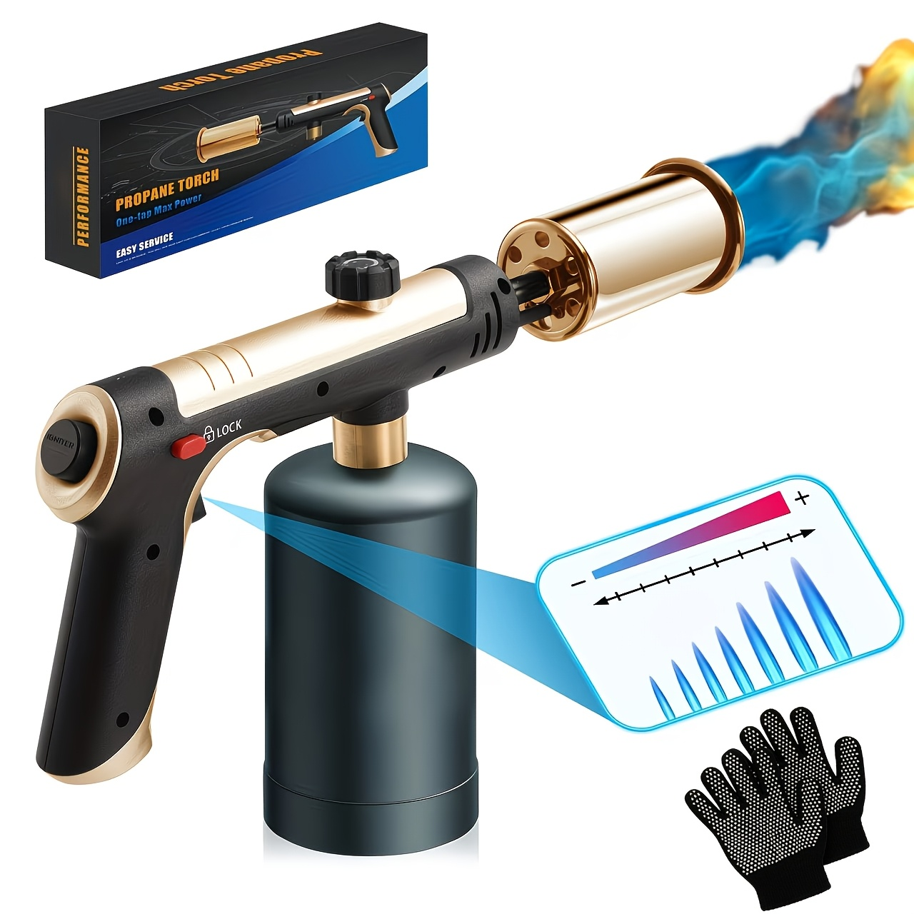 Propane Torch with One-Touch Max Fire & Safety Lock, Cooking Blow Torch Gun for Sous Vide, Searing Steak, BBQ, Grill, Campfire & Charcoal, Adjustable Flame Kitchen Torch, Black/Golden (Tank Not Included)