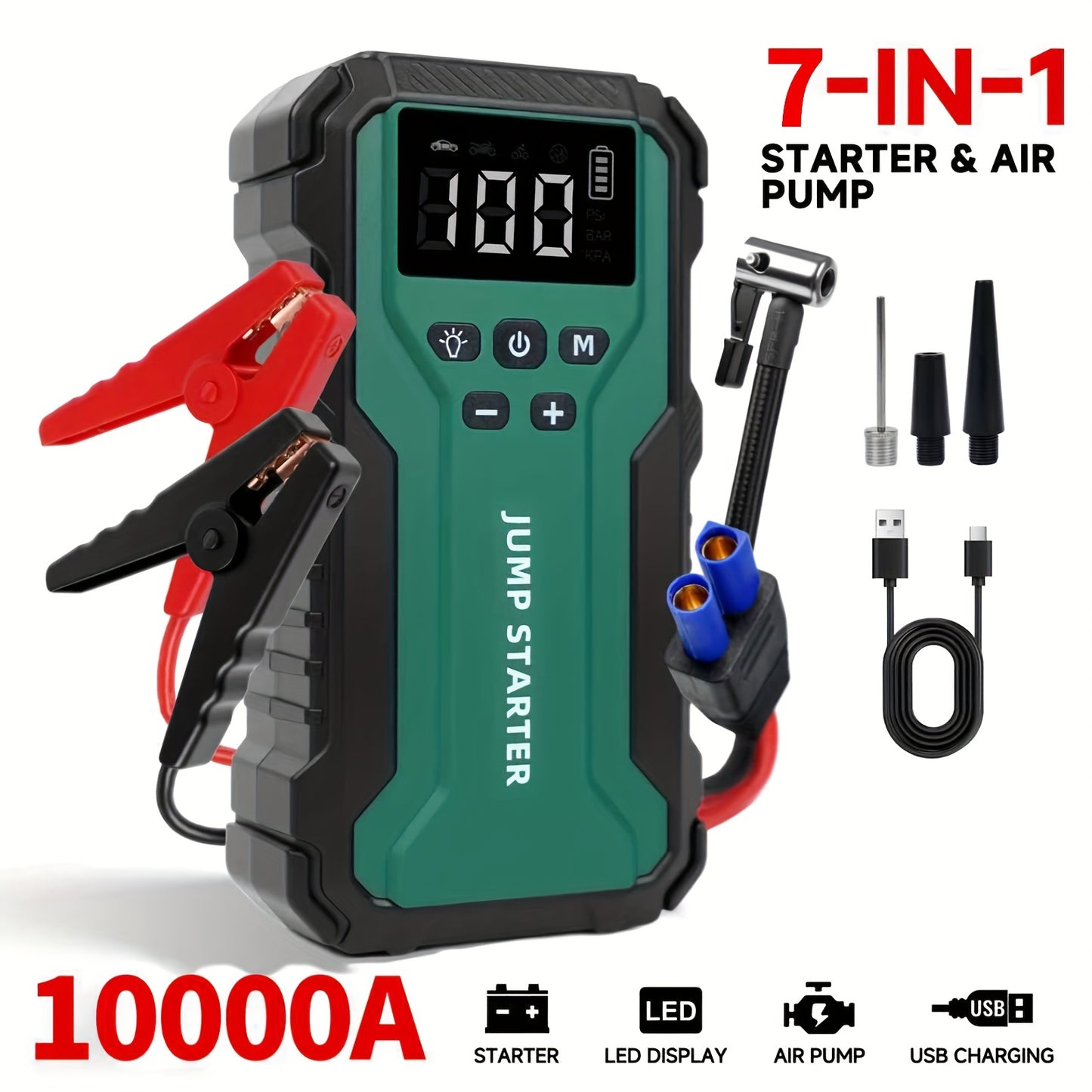 Car Jump Starter 10000A 7-in-1 Portable Battery Booster with Air Pump, Digital Tire Inflator 150PSI, LED Emergency Light for Gas & Diesel Vehicles