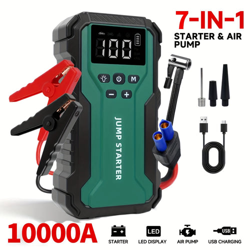 Car Jump Starter 10000A 7-in-1 Portable Battery Booster with Air Pump, Digital Tire Inflator 150PSI, LED Emergency Light for Gas & Diesel Vehicles
