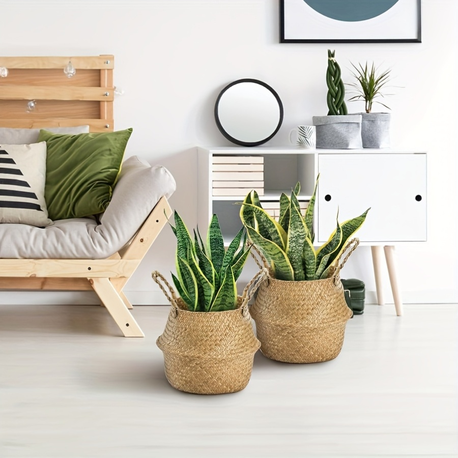 Woven Storage Baskets 2-Pack with Handles – Rattan Bamboo Handheld Organizer for Laundry, Flowers, Beach, Shopping & Indoor Plant Pots, Foldable Design