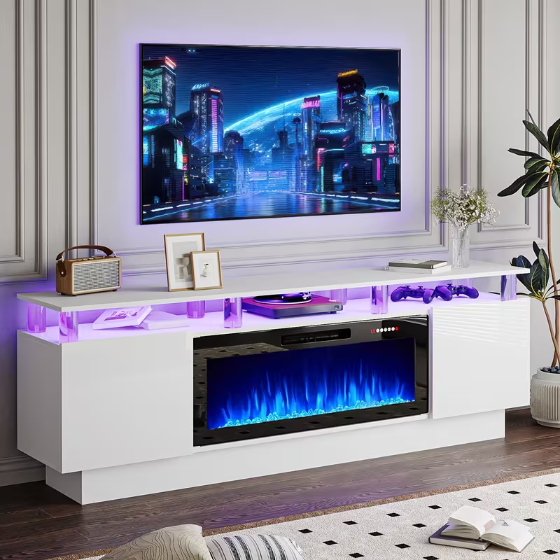 Fireplace TV Stand 70 Inch with 36" Electric Fireplace 2-Tier High Gloss Wood Entertainment Center LED Lights Cabinet Media Console Living Room