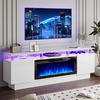 Fireplace TV Stand 70 Inch with 36" Electric Fireplace 2-Tier High Gloss Wood Entertainment Center LED Lights Cabinet Media Console Living Room