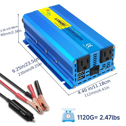 1000W Power Inverter Pure Sine Wave 2000W Peak DC 12V 24V to AC 110V US Socket Portable Car Truck Marine RV Vehicle Adapter Transformer No Battery Required