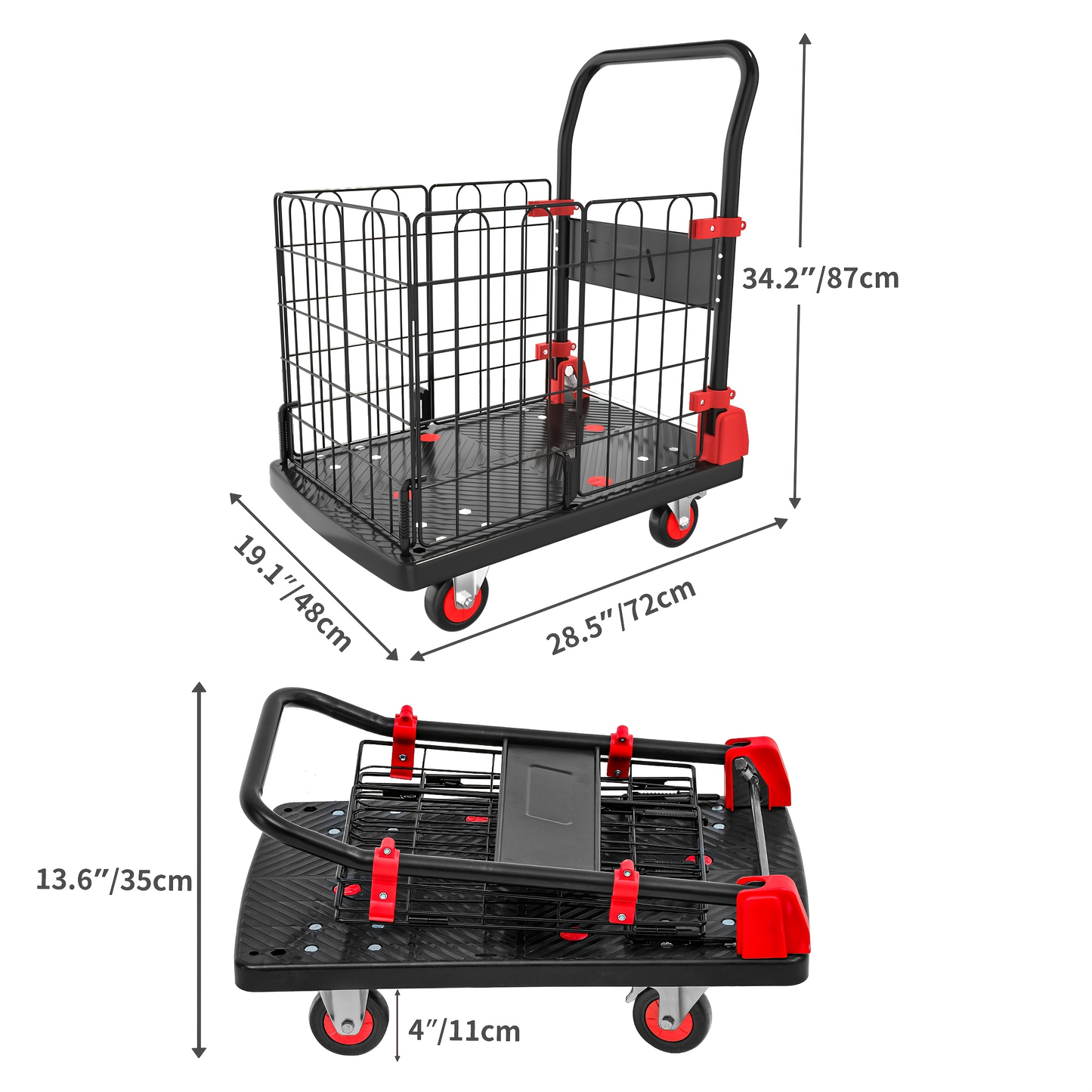 Folding Platform Cart with Removable Cage & Silent Wheels, 400-900 lbs Capacity, Anti-Skid Deck, Telescopic Handle for Moving, Warehouse and Storage