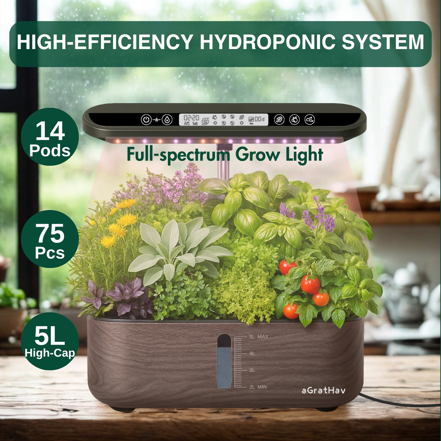 Hydroponic Garden Kit 14-Pod with LED Grow Light – Smart Timer, Quiet Pump & 1.32 Gal Tank, 75-Piece Indoor Herb Garden System for Vegetables, Flowers & Herbs, Plug & Play