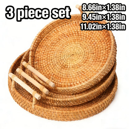 Cheese Board Tray Set - Hand-Woven Rattan Decorative Serving Tray with Handles, Boho Farmhouse Wicker Basket for Coffee Table, Fruit Bread Snack Gift, 3-Piece