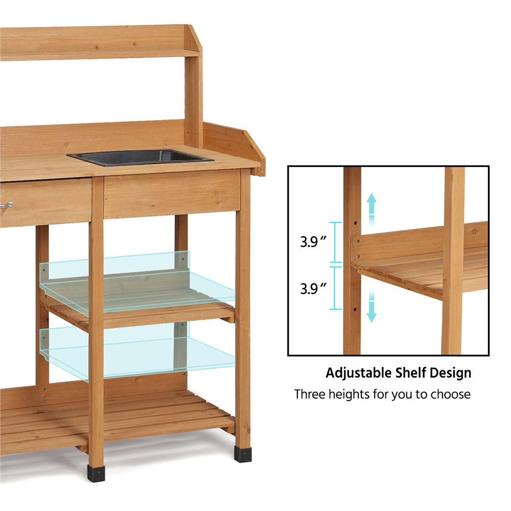 Garden Potting Table 4-Tier with Removable Sink, Adjustable Shelf, Drawer & Side Hooks, Outdoor Planter Stand for Yard Greenhouse in Wood, Brown & Gray