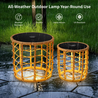 Outdoor Wicker Nesting Side Tables Set of 2 PE Rattan End Tables with Tempered Glass Top UV Resistant Waterproof Patio Balcony Deck Furniture