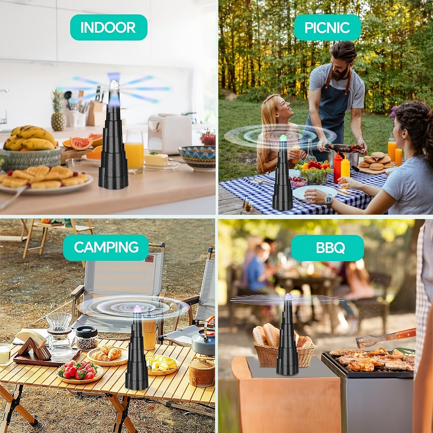 Fly Fan for Table 4 Pack - USB Rechargeable Fly Repellent Fan with LED Lights, Soft-Stop Blades, Portable Tabletop Fly Spinner for Outdoor Dining BBQ Camping Picnic