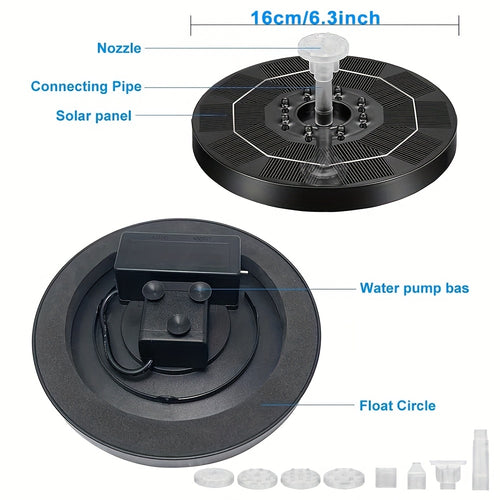 Solar Water Fountain Pump 3W 6.3in 1500mAh Battery 6 Nozzles LED
