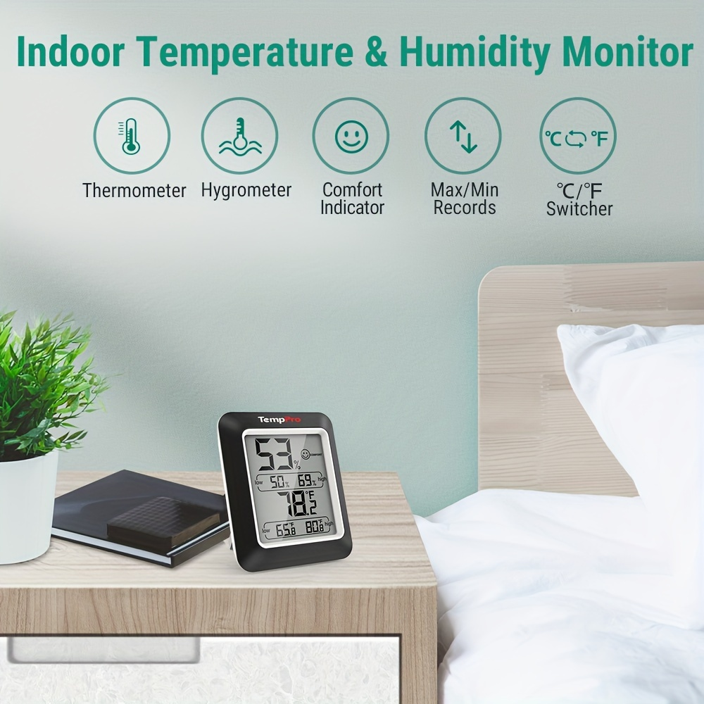 Indoor Hygrometer Thermometer 2-Pack - Room Temperature Humidity Meter with Air Comfort Indicator, Battery Powered for Home, Basement & Greenhouse, Black