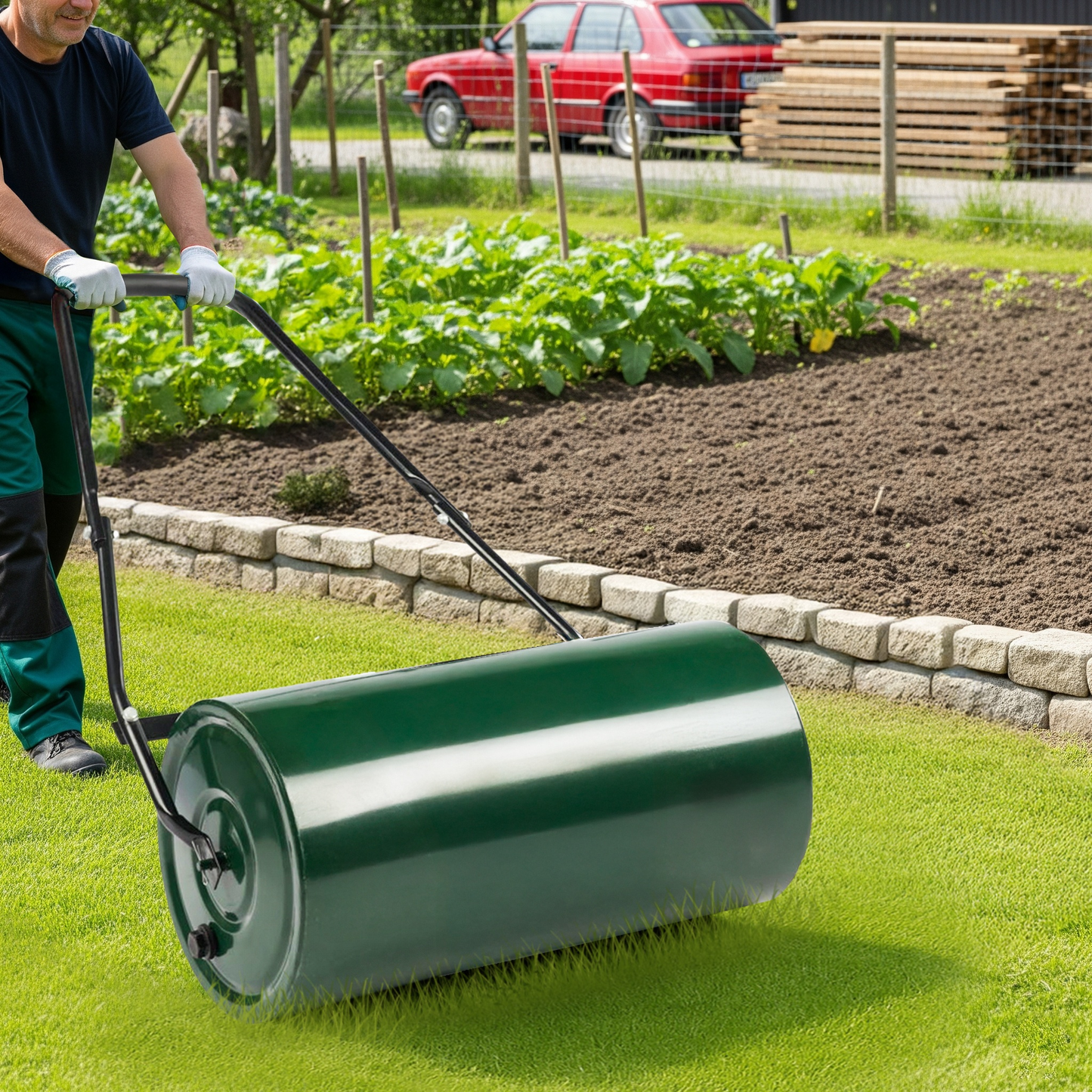 Lawn Roller 24" Heavy Duty Steel Fillable with Water or Sand, Push-Pull Dual Operation, Ergonomic U-Handle & Foam Grip for Leveling Seeding Compacting Yard Garden