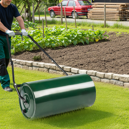 Lawn Roller 24" Heavy Duty Steel Fillable with Water or Sand, Push-Pull Dual Operation, Ergonomic U-Handle & Foam Grip for Leveling Seeding Compacting Yard Garden
